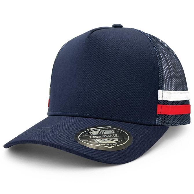 A navy trucker cap with a structured front, mesh sides, and striped detailing in red and white. It has a logo.
