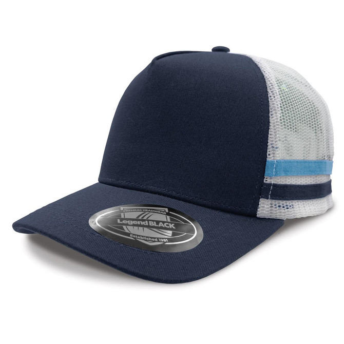 A navy blue trucker cap featuring a mesh back and striped detailing. It includes a logo on the front.