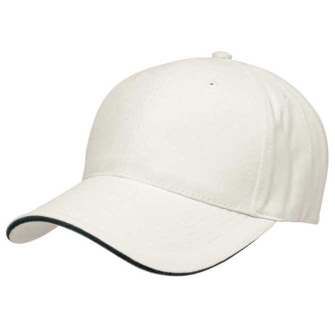 A white cap with a soft peak and a contrasting dark underbrim, featuring a logo on the front.