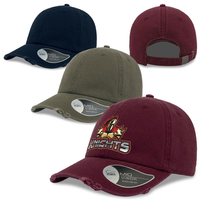 A collection of "Dad Hat Destroyed" caps in navy, olive, and burgundy, featuring a logo on one cap.