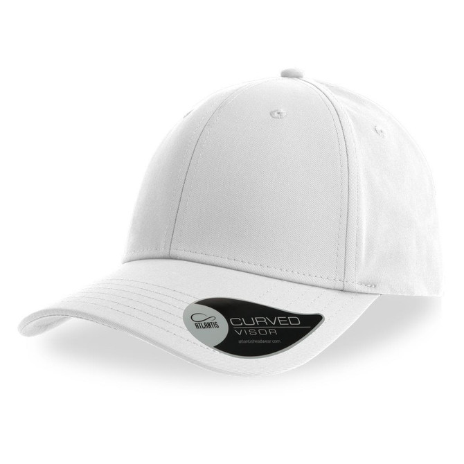 A white cap with a curved visor, featuring a brand logo on the side.