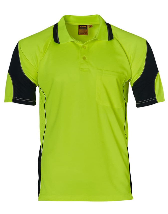 A high-visibility mini waffle safety polo shirt in bright yellow with black accents and a chest pocket.
