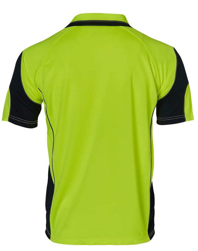 A Hi-Vis polo shirt in bright green with navy accents, featuring a logo on the back.
