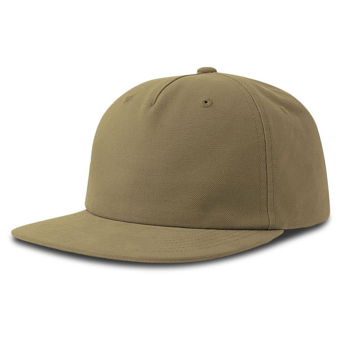A flat peak cap in olive green, featuring a solid design and a logo on the front.