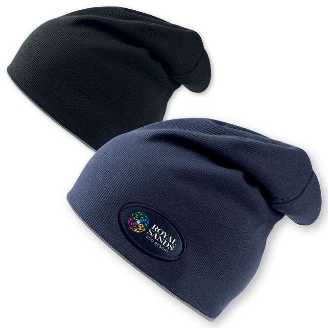 Two beanies in black and navy blue, featuring a logo on one side, showcased together.