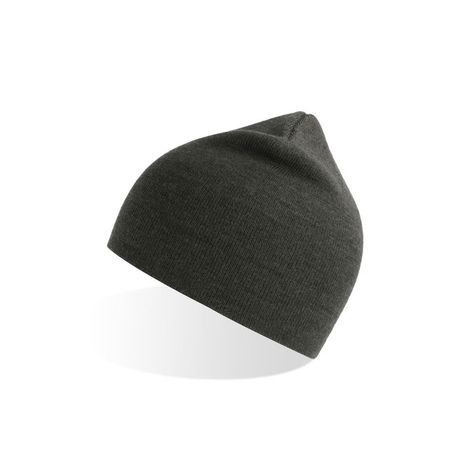 A dark green beanie with a smooth texture and pointed top, featuring a small logo.