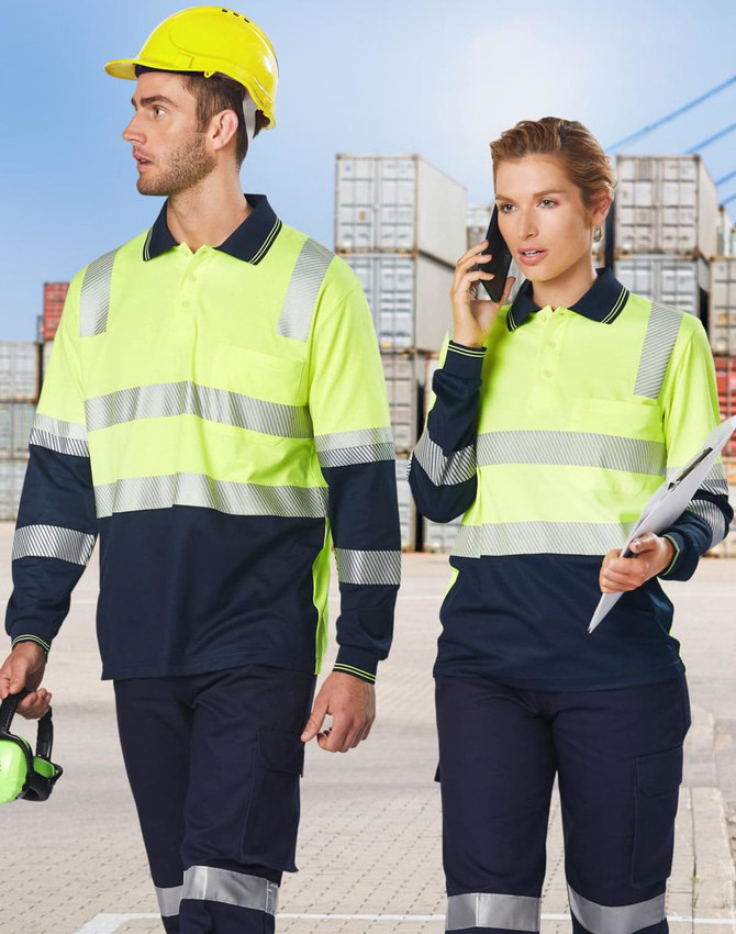 A high-visibility long-sleeve safety polo in luminous yellow and navy blue, featuring reflective stripes and logos.
