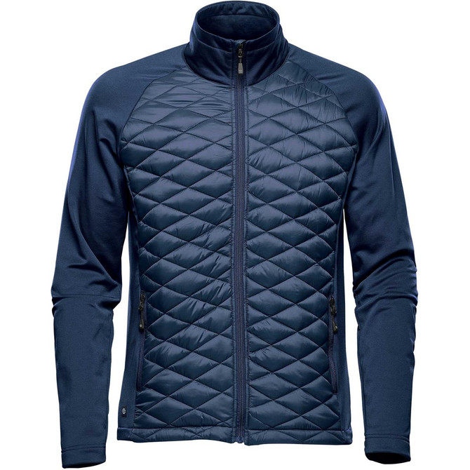 A men's boulder thermal shell jacket in navy, featuring a quilted front and smooth sleeves, with a logo.