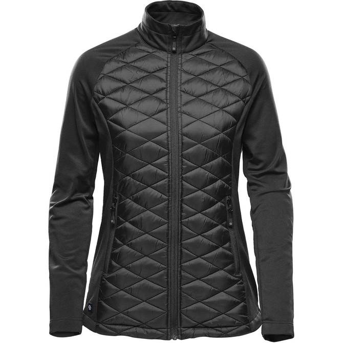 A women's thermal shell jacket in black, featuring a quilted front and long sleeves, with two zippered pockets.