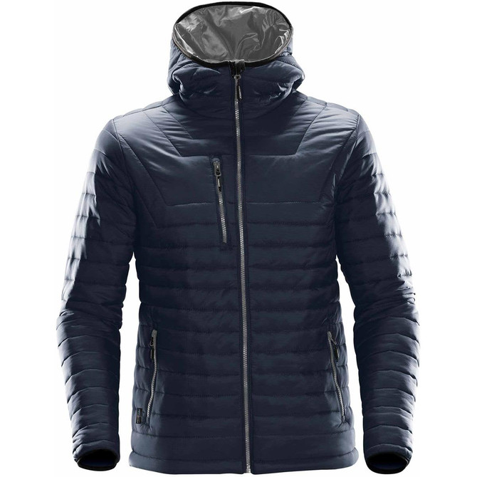 A navy puffer jacket with a hood, featuring zippered pockets and a logo on the chest.