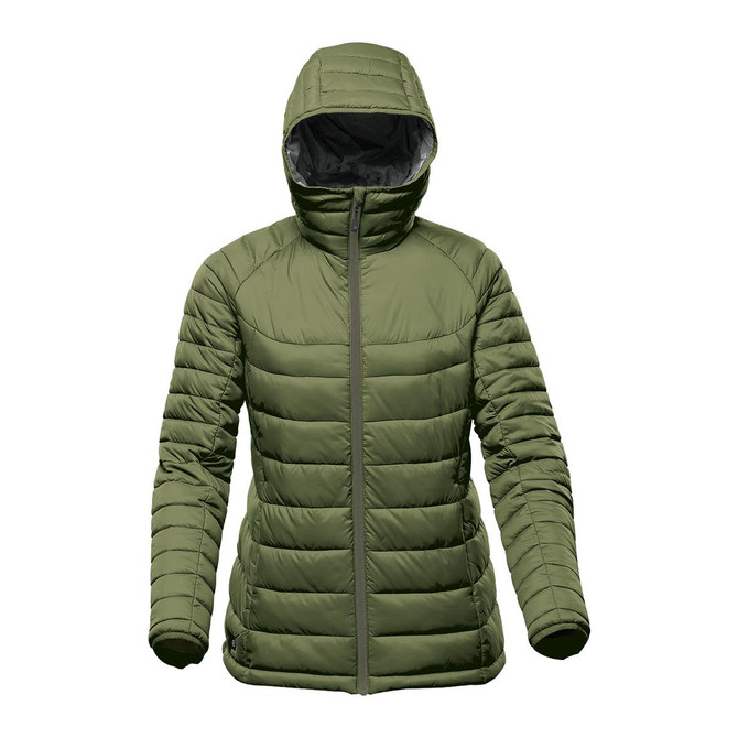 A green insulated women's jacket with a hood, featuring a zip front and a quilted design. It has a logo on the chest.