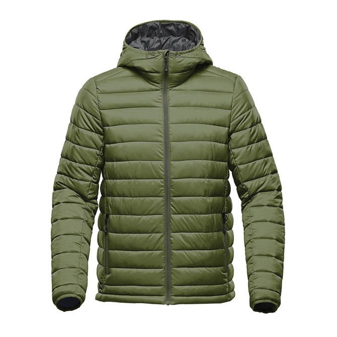 A men's thermal jacket in olive green with a hood and quilted design, featuring a logo on the front.