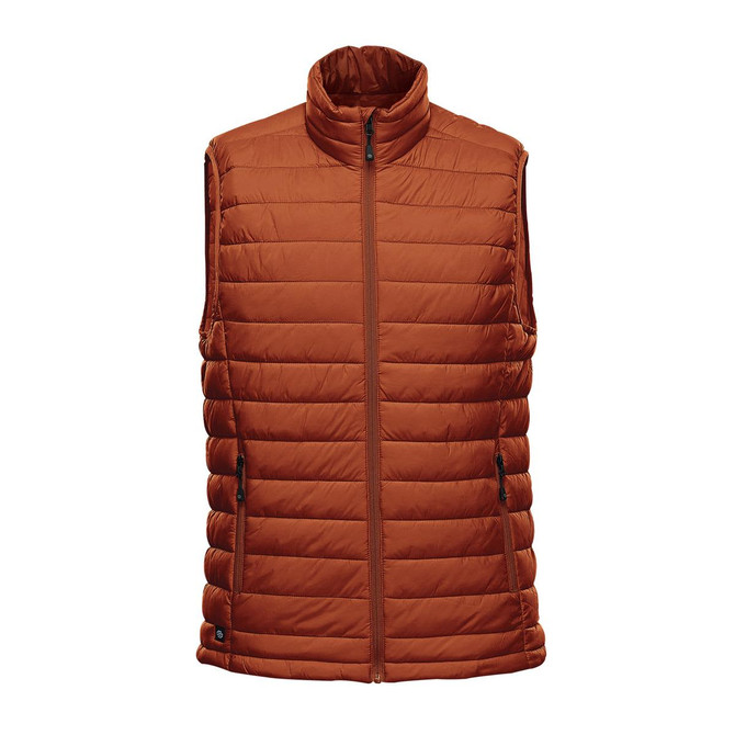 An orange thermal vest with a high collar and zip closure, featuring a logo. Ideal for cooler weather.