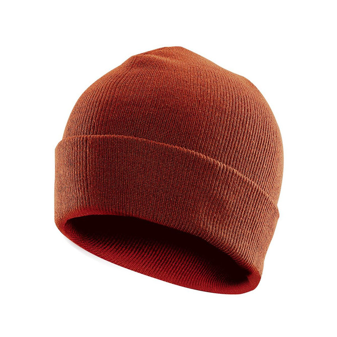 An orange knit beanie featuring a snug fit and a turned-up cuff, with a logo on the side.