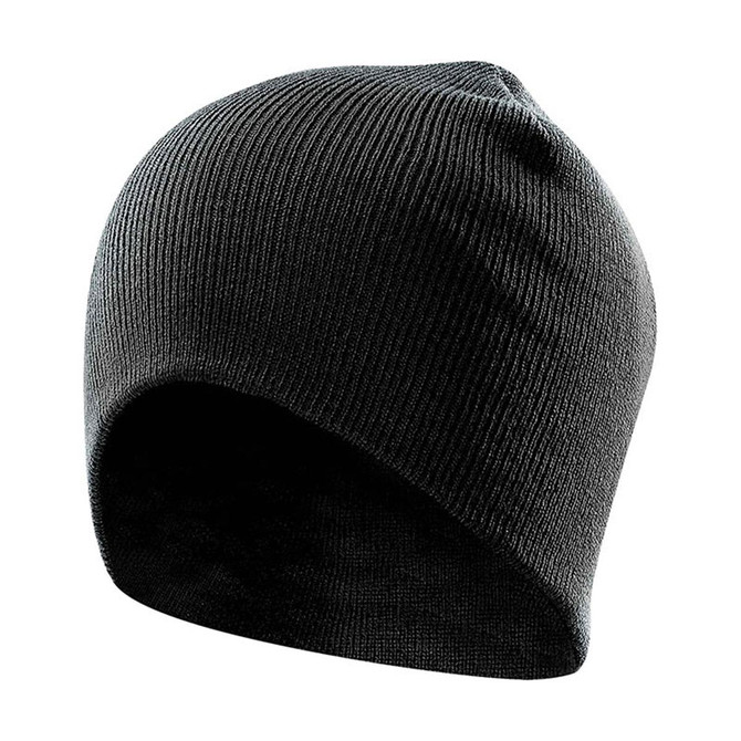 A black knit beanie with a snug fit and no visible branding. Ideal for headwear.