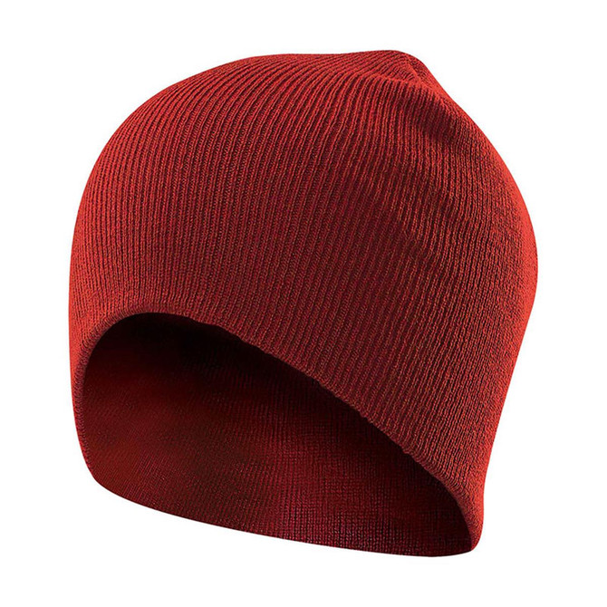 A red knit beanie with a snug fit and soft texture, featuring a branding logo on the side.