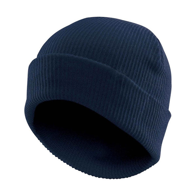 A vintage knit beanie in navy blue with a ribbed texture and a folded cuff. It features a logo.
