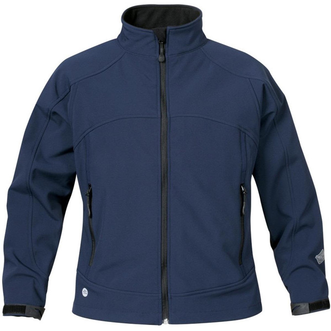 A navy blue women's jacket with a zip front, two side pockets, and a soft lining. It features a logo on the front.