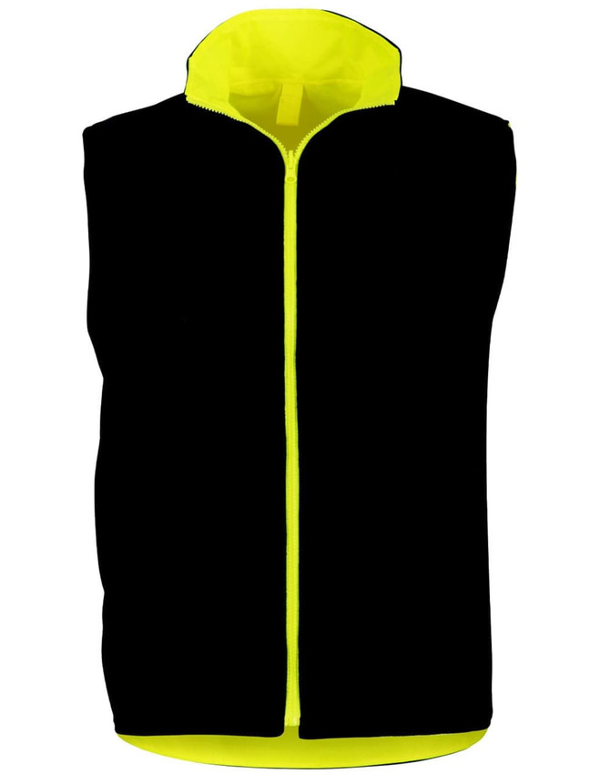 A black safety jacket with a bright yellow lining and collar, featuring a front zip and a logo.