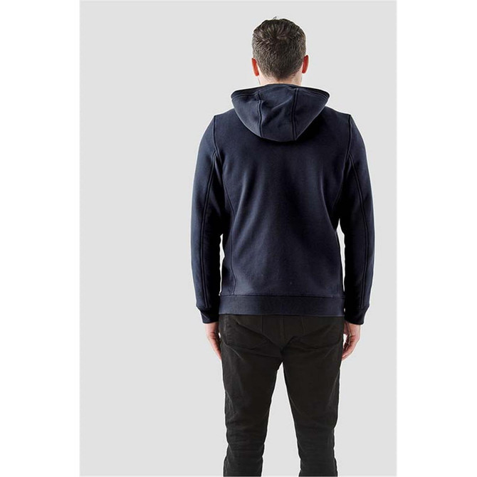 Men's navy fleece hoody featuring a hood and a fitted design, shown from the back. Includes a logo.