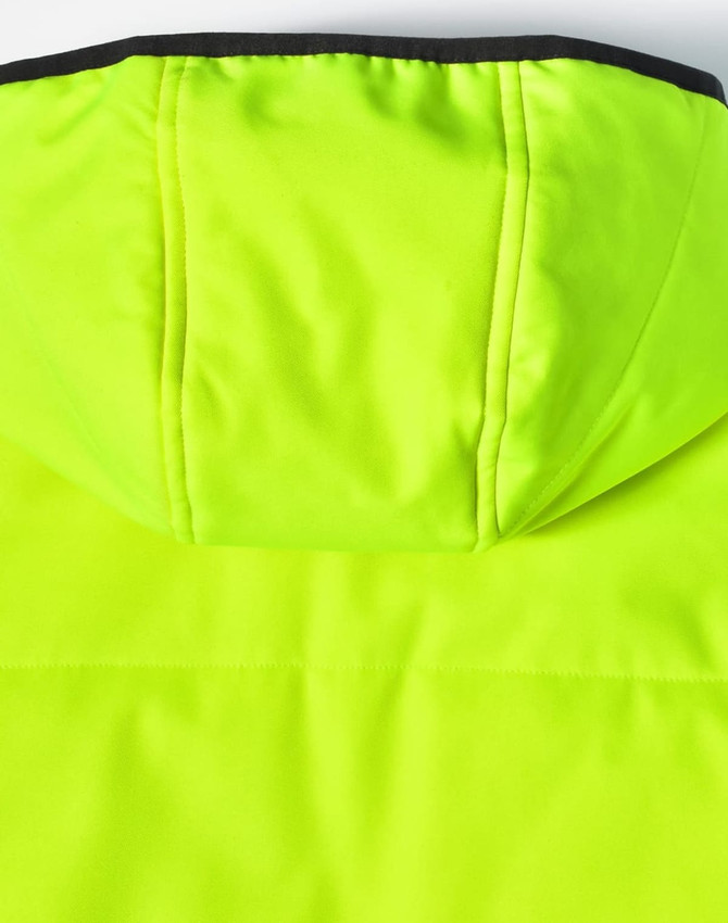 A bright yellow quilted safety jacket featuring a black collar and hood. It has a smooth finish.