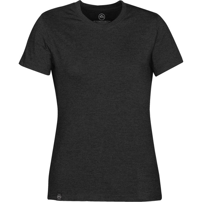 A black women's short-sleeve T-shirt with a round neckline and a logo on the side.