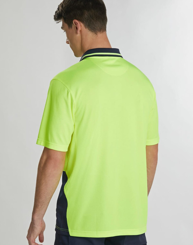 A unisex short-sleeve polo shirt in high-visibility yellow with navy detailing and a logo on the back.