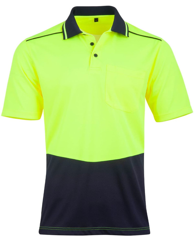 A bright yellow and navy blue unisex short-sleeve polo shirt with a chest pocket and contrasting collar. It features a logo.