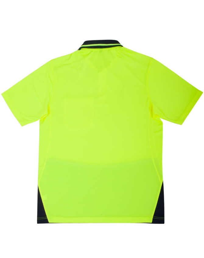 A bright yellow unisex polo shirt with short sleeves, featuring a dark navy back panel and a logo.