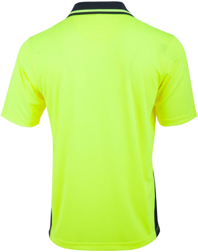 A bright yellow unisex short-sleeve polo shirt featuring a contrasting trim and a logo on the front.