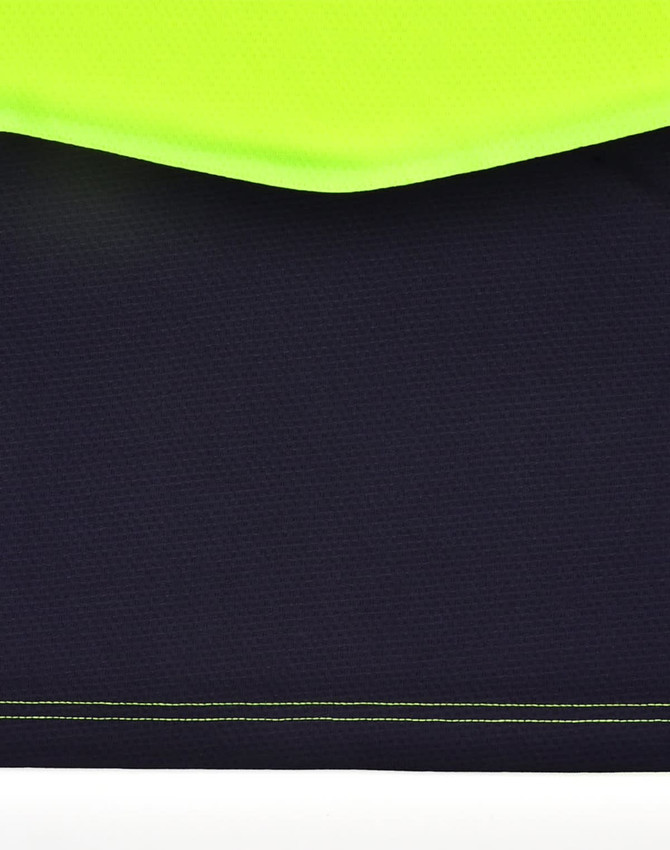 A unisex hi-vis polo shirt featuring a vibrant yellow upper portion and navy blue lower section, with a logo present.