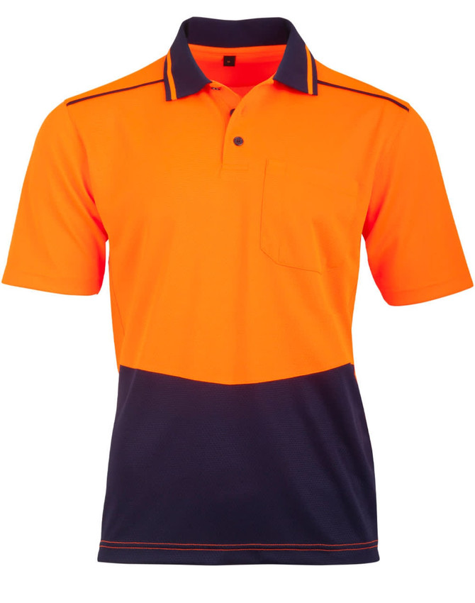 A hi-vis orange and navy bamboo charcoal short-sleeve polo shirt featuring a pocket and a logo.