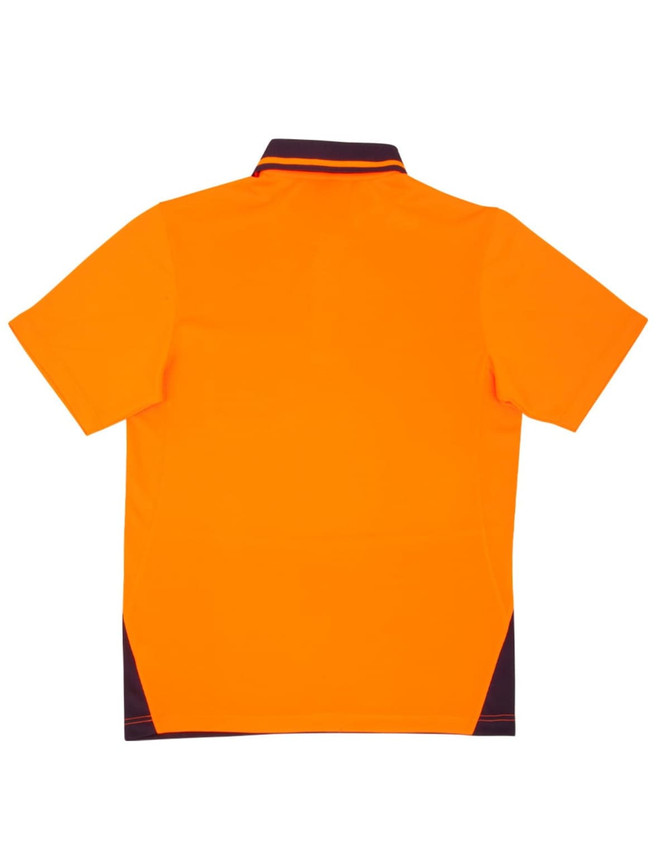 A bright orange unisex polo shirt made from bamboo charcoal, featuring a logo and short sleeves.
