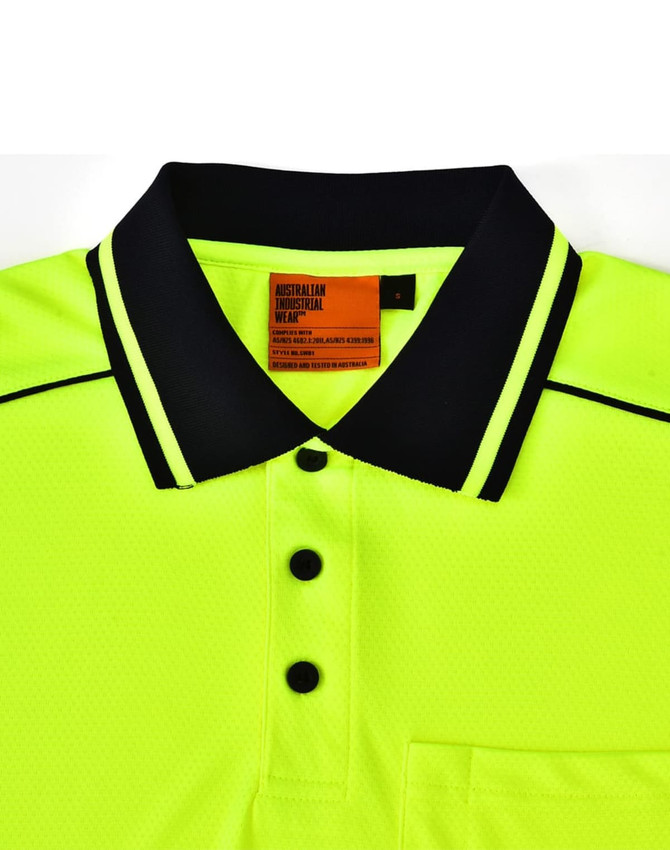 A bright yellow hi-vis polo shirt featuring a black collar and buttons, with a chest pocket and branding.