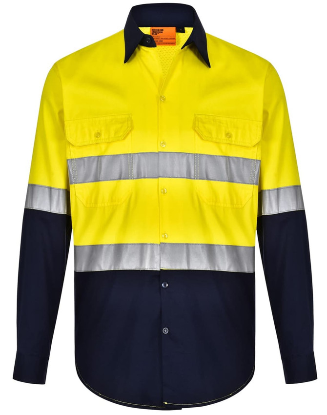 A High-Visibility long-sleeve safety shirt in bright yellow with navy sleeves and reflective stripes. Features two front pockets.