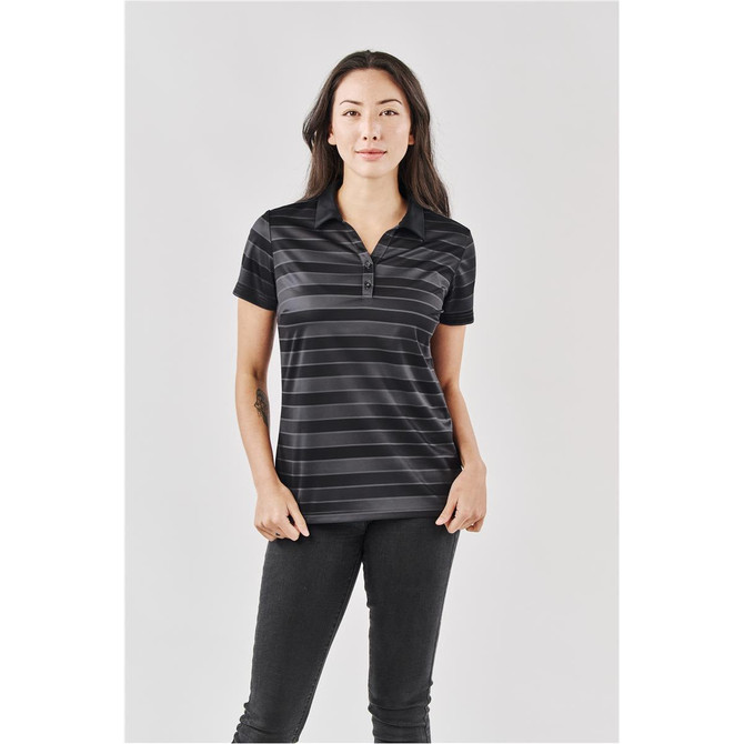 A women's polo shirt in black with subtle stripes, featuring a collar and a branded logo.