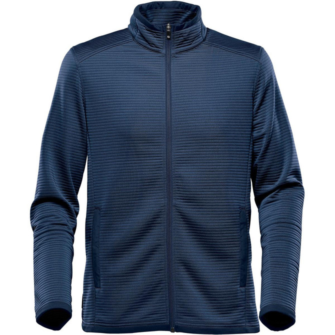 A men's Andorra jacket in navy blue with a textured pattern, featuring a full zip and side pockets.