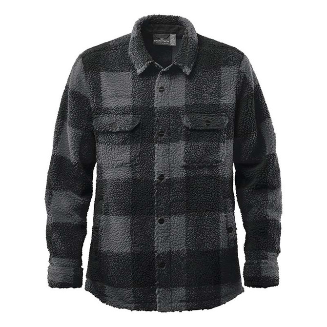 A unisex black and grey check fleece jacket featuring button closures and two chest pockets, with a logo on the front.