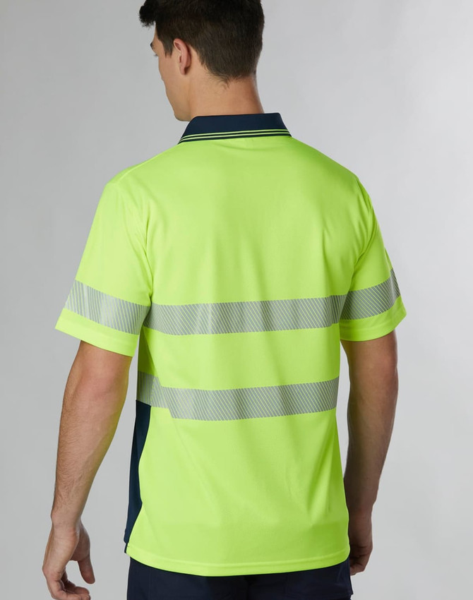 A high-visibility unisex polo shirt in bright yellow with reflective striped detailing on the back.