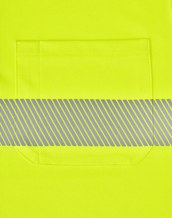 A bright yellow polo shirt featuring a segmented reflective stripe and a front pocket. It has a logo prominently displayed.