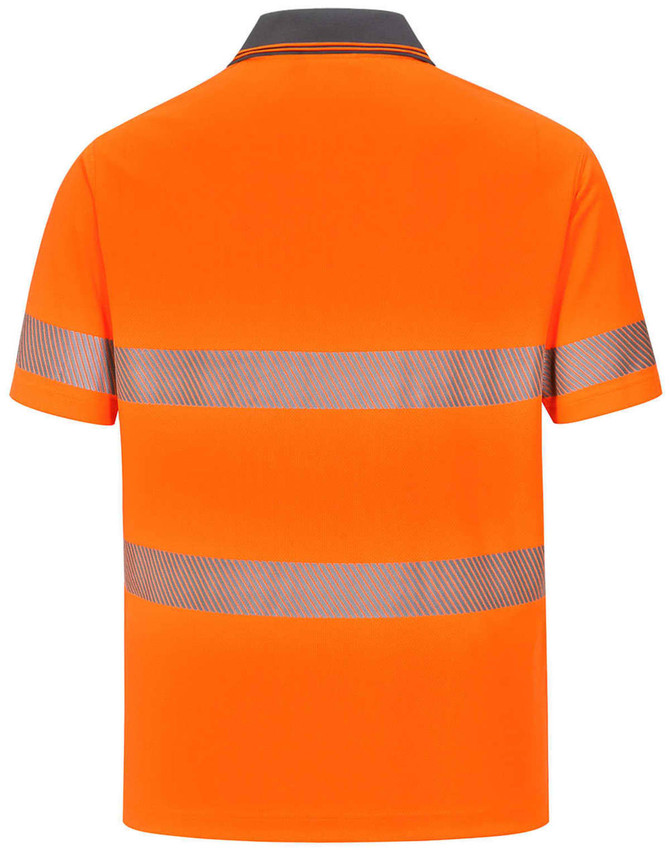 A bright orange unisex short-sleeve polo shirt featuring reflective segmented stripes and a grey collar.