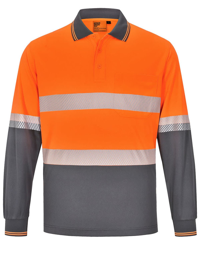 Unisex long-sleeve polo shirt in bright orange and grey, featuring reflective stripes and a pocket. Includes a logo.