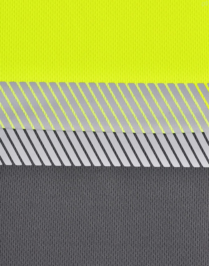 A close-up of a unisex Cooldry segmented safety polo featuring high-visibility yellow and grey striped fabric.