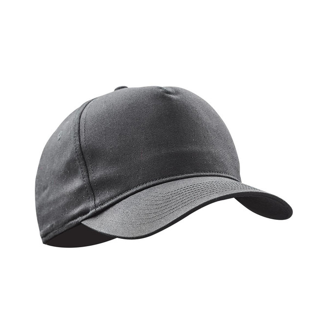 A black cap with a curved bill and a logo, designed for headwear promotions.