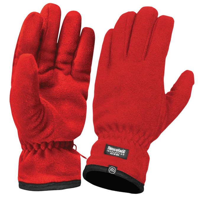 Red fleece gloves featuring a logo, designed for warmth and comfort. Elastic wrist for a snug fit.