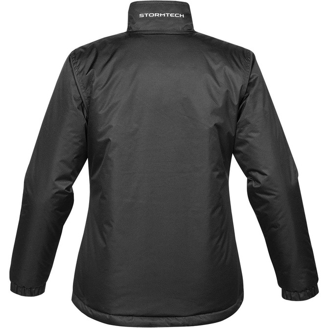 A black women's thermal jacket featuring a high collar and elastic cuffs. The jacket has a logo on the back.