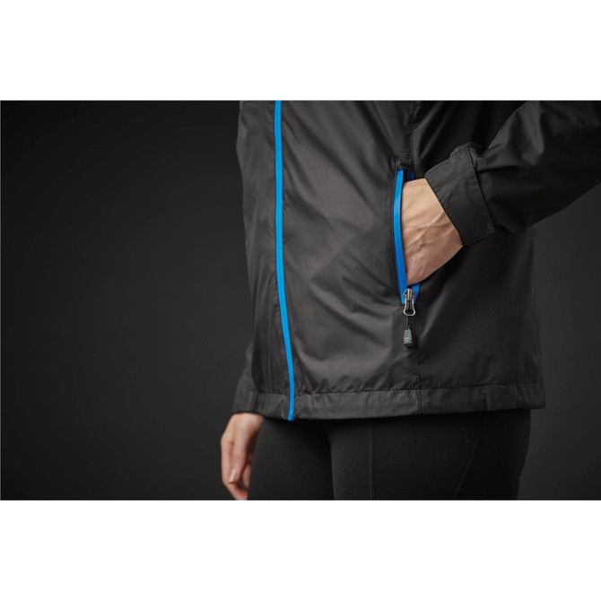 A black rain jacket featuring blue accents and a zippered pocket on the side. 