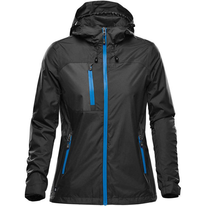 A women's black rain jacket featuring blue zippers and a hood, with two front pockets and a logo.