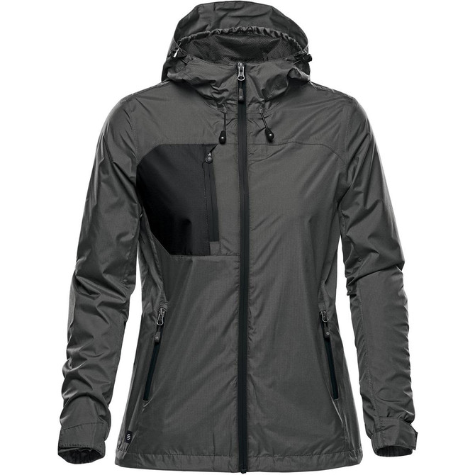 A women's rain jacket in dark grey with a black chest pocket and a hood. It features a logo on the side.