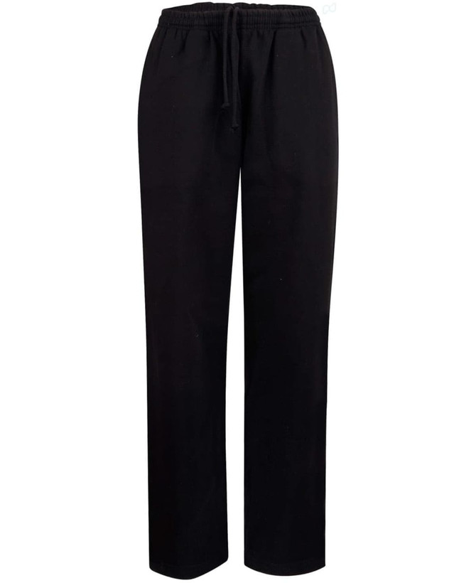 Black fleecey track pants featuring an elastic waistband and drawstring, designed for comfort and casual wear.